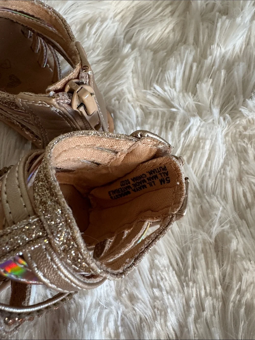Girls Rose Gold Glitter Strappy Sandals with Iridescent Accents